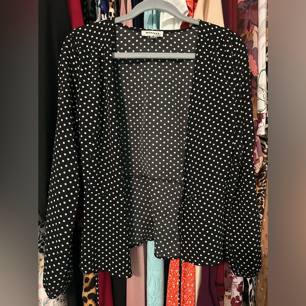 Monteau Black & White Polka Dot Wrap Top - Picture 11 of 12